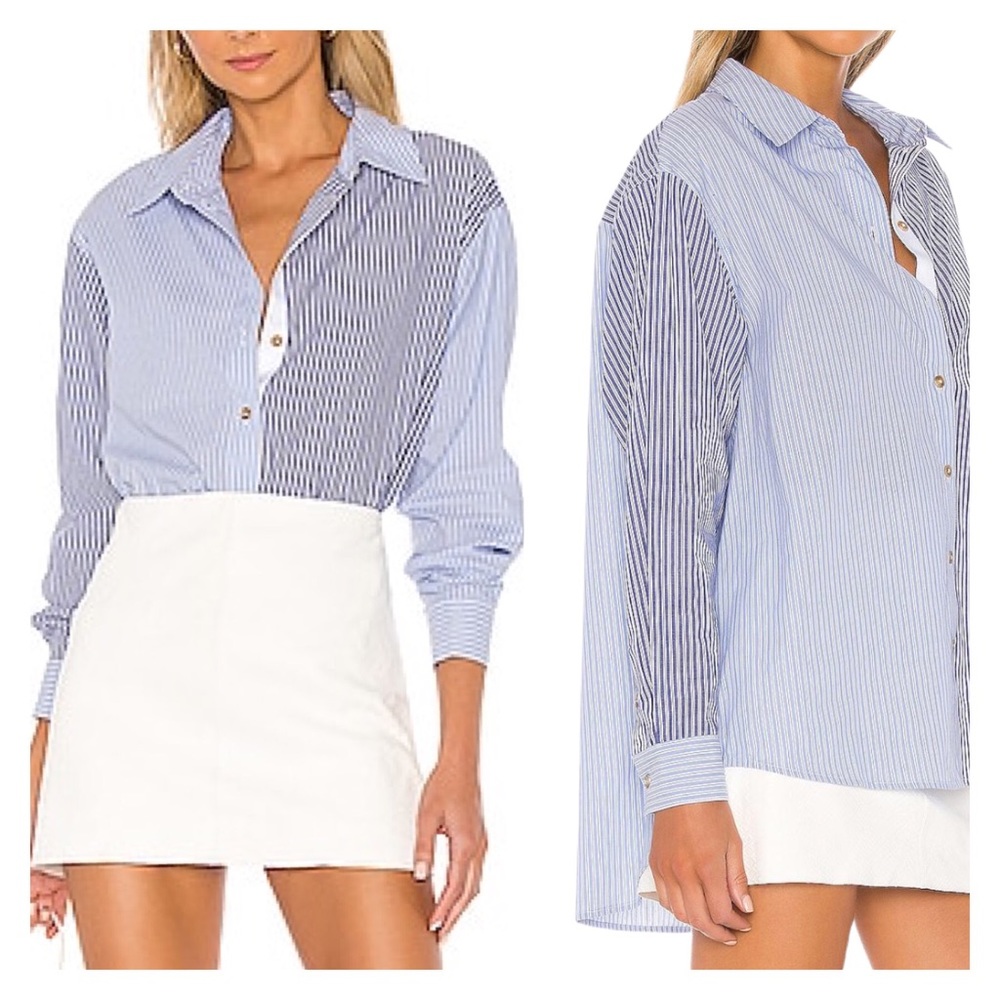 L'Academie Blue and White Striped Button Down Shirt